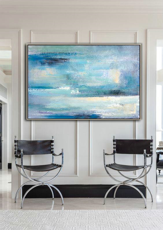Large Abstract Painting Canvas Art,Oversized Horizontal Contemporary Art,Hand Made Original Art,Blue,Grey,Yellow,White.etc